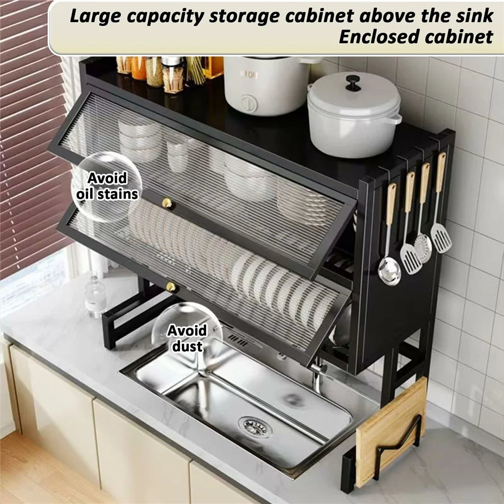 105CM Double Layer Over Sink Dish Drying Rack with Doors Kitchen Organizer Drainer Shelf - Black - 5