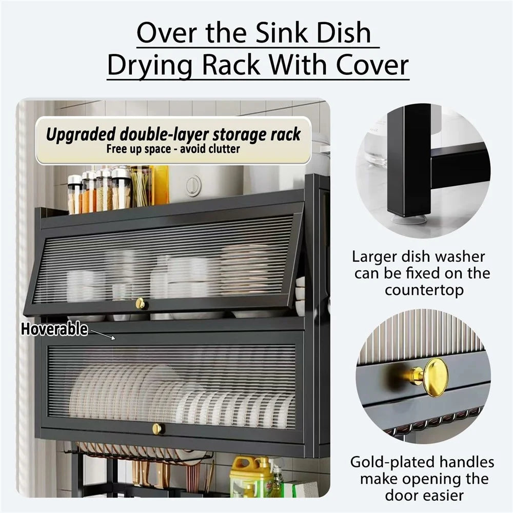 105CM Double Layer Over Sink Dish Drying Rack with Doors Kitchen Organizer Drainer Shelf - Black - 6