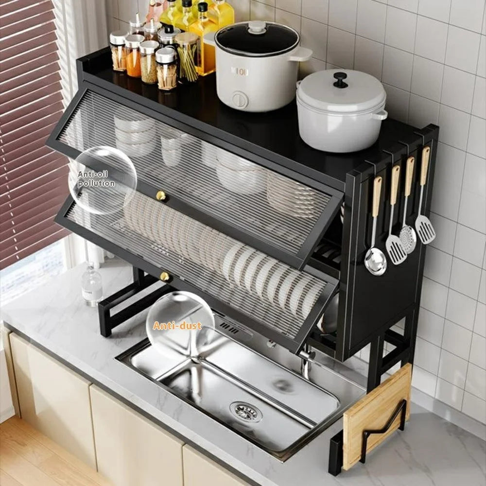 105CM Double Layer Over Sink Dish Drying Rack with Doors Kitchen Organizer Drainer Shelf - Black - 7