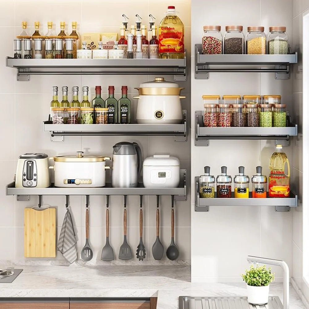 20x30cm Kitchen Storage Rack Wall Mounted Spice Organizer Holder with Hooks - 5