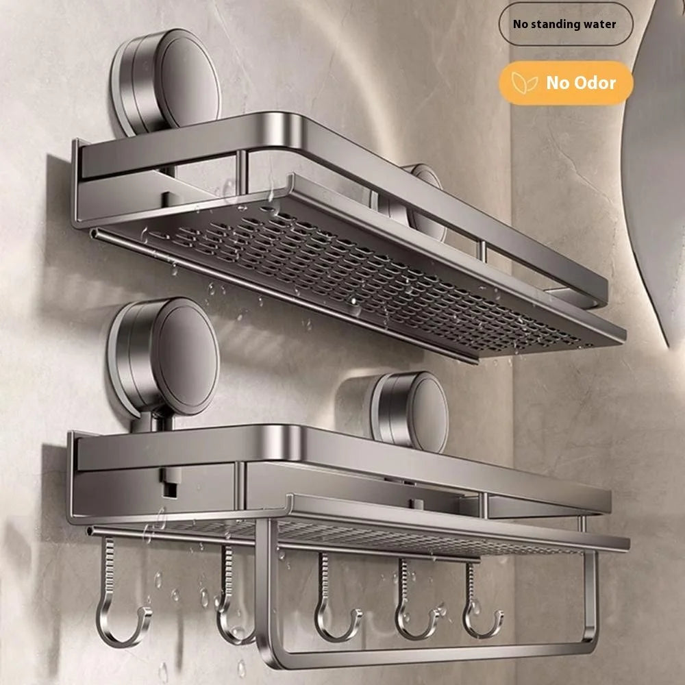 Suction Cup Bathroom Shelf 2-Tier 30cm Wall Mounted Storage Rack with Rod / Hooks No Drilling for Toiletries - 3