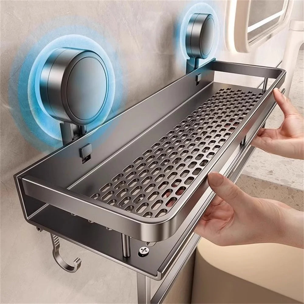 Suction Cup Bathroom Shelf 2-Tier 30cm Wall Mounted Storage Rack with Rod / Hooks No Drilling for Toiletries - 4