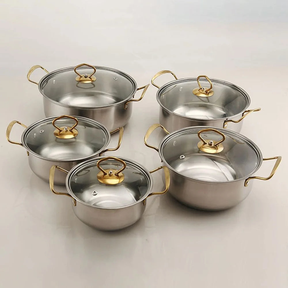 5PCS Stainless Steel Cookware Set 18-26cm Soup Pot Steamer Gold Handle with 5PCS Glass Lids - 2