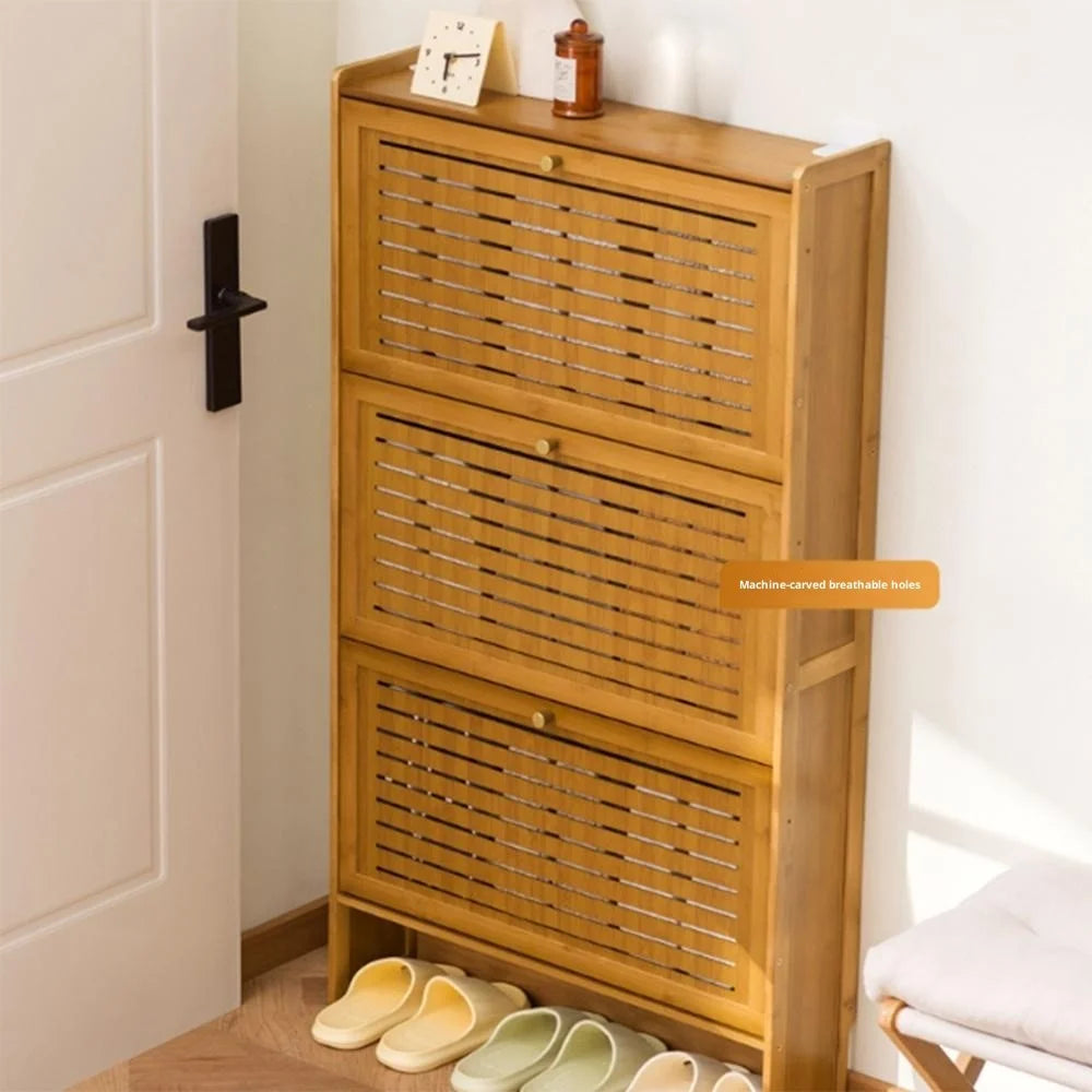 3-Tier 70cm Length Vintage Ultra Thin Shoe Cabinet Entryway Storage Rack Flip-Down Door Space Saving for Home - Brown - 2