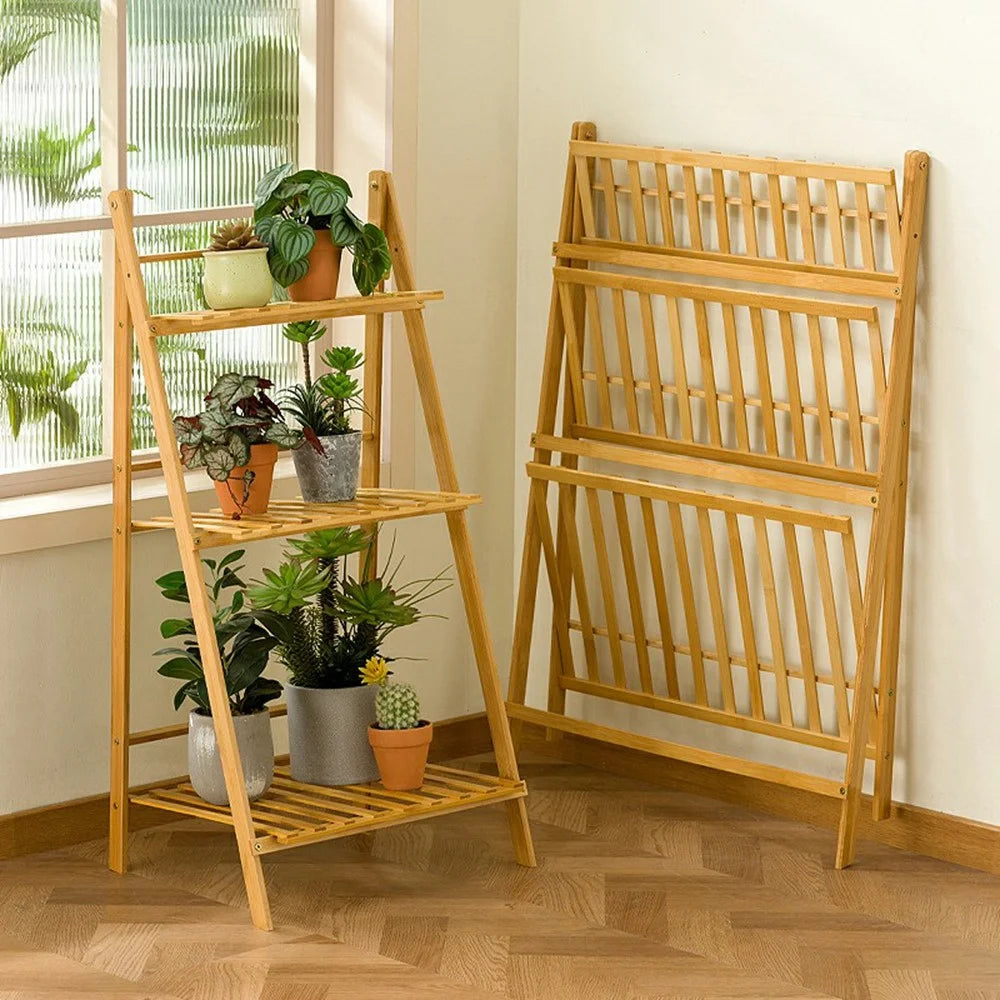 70cm Length Folding 3-Tier Wooden Plant Stand Flower Rack Indoor Balcony Storage Shelf Ladder Display - 2