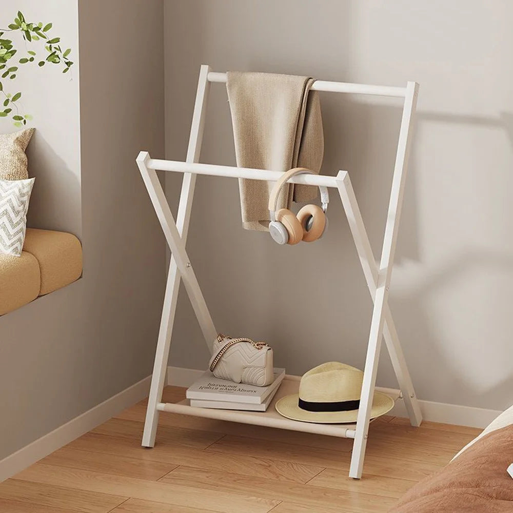 Folding Floor Standing Clothes Rack Dual Rod Garment Organizer for Bedroom  /  Bedside Hanging Storage  /  Pants Hanger - White - 2