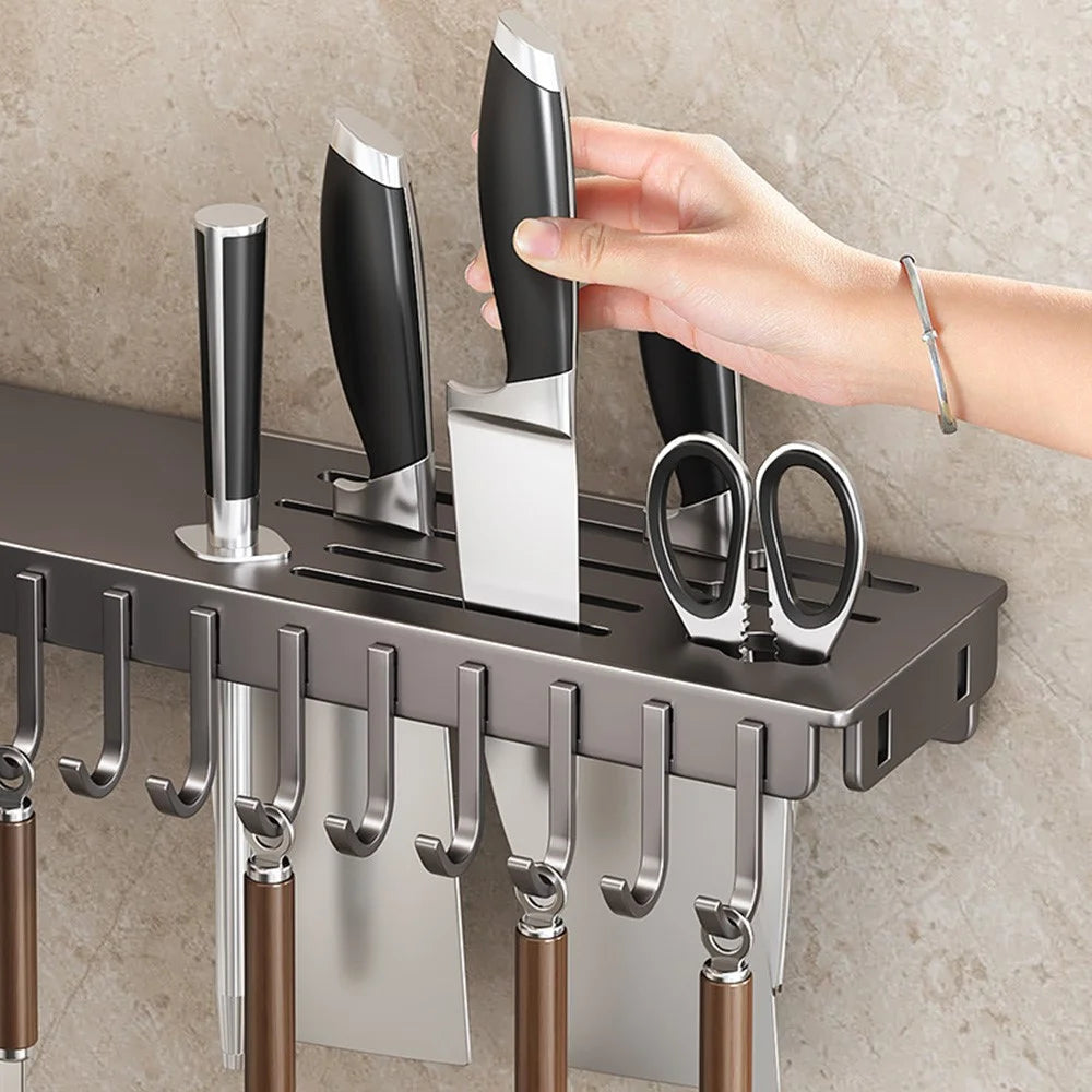 35cm Rotating Kitchen Knife Holder with Utensil Container, Multifunctional Wall-Mounted Corner Storage Rack for Home - Black - 2