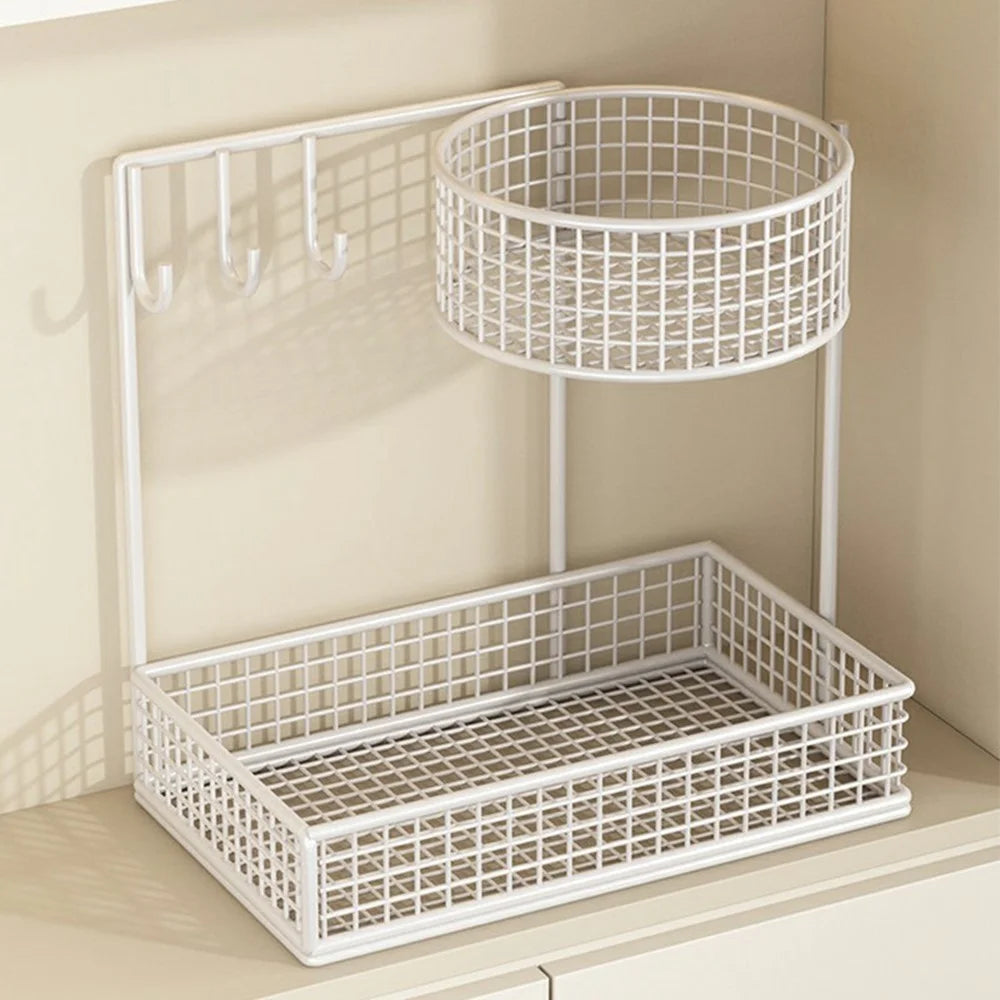 27 x 15 x 25cm Key Organizer for Entryway Table Top Storage Rack Iron Mesh Double Layer Basket with Hooks - White - 2