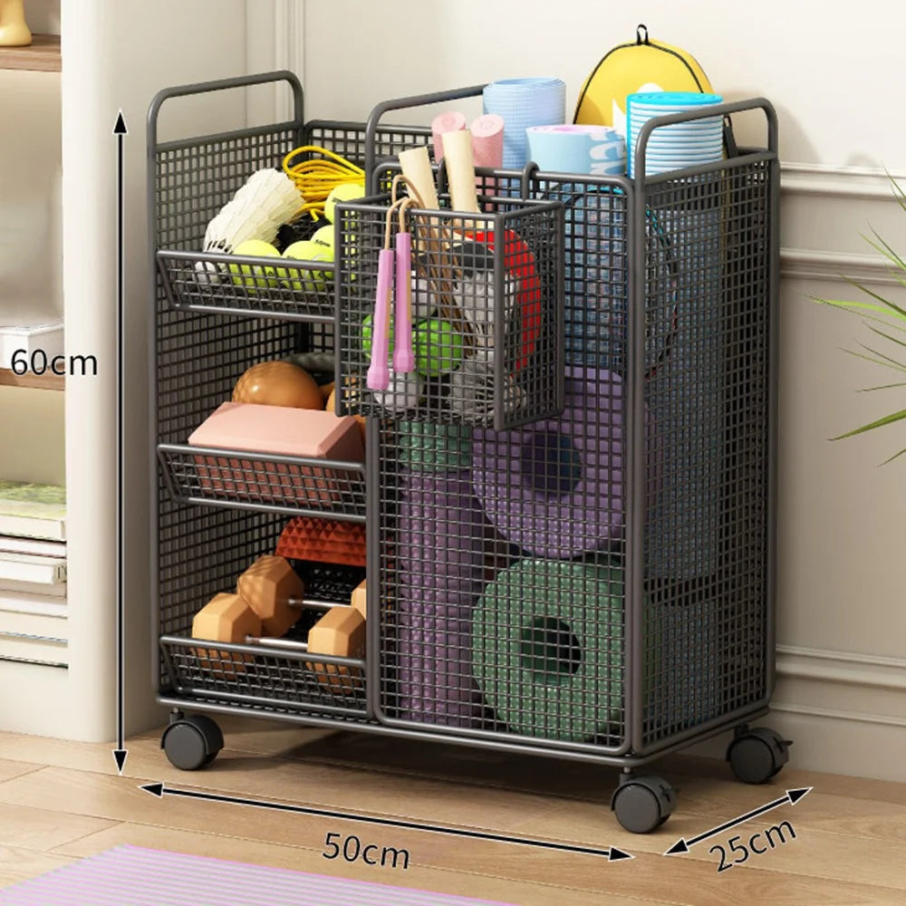 50 x 25 x 60cm Storage Rack with Wheels / Side Basket Yoga Mat Organizer Exercise Equipment Container Holder - Black - 3