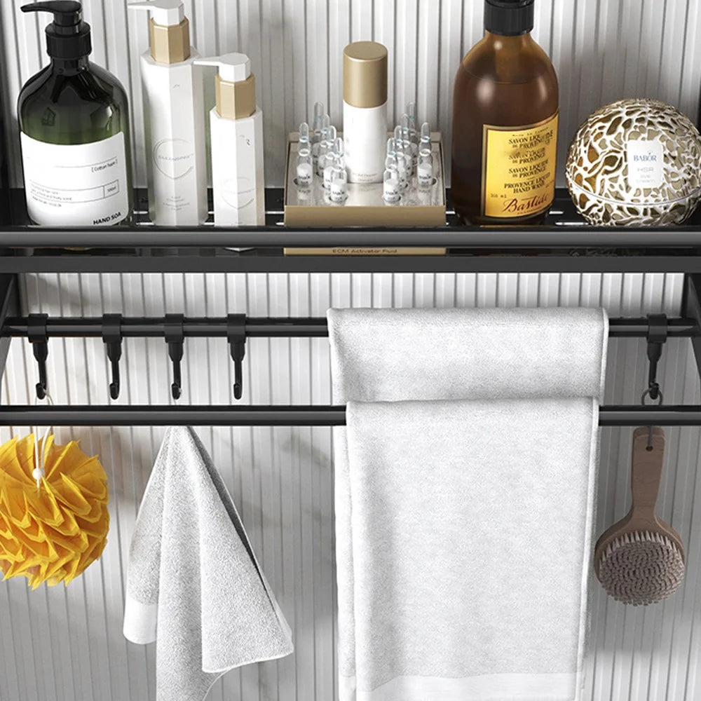 Single Layer 40cm Bathroom Towel Rack Organizer Stainless Steel Wall Mounted Storage Shelf with 6 Hooks - Black - 2