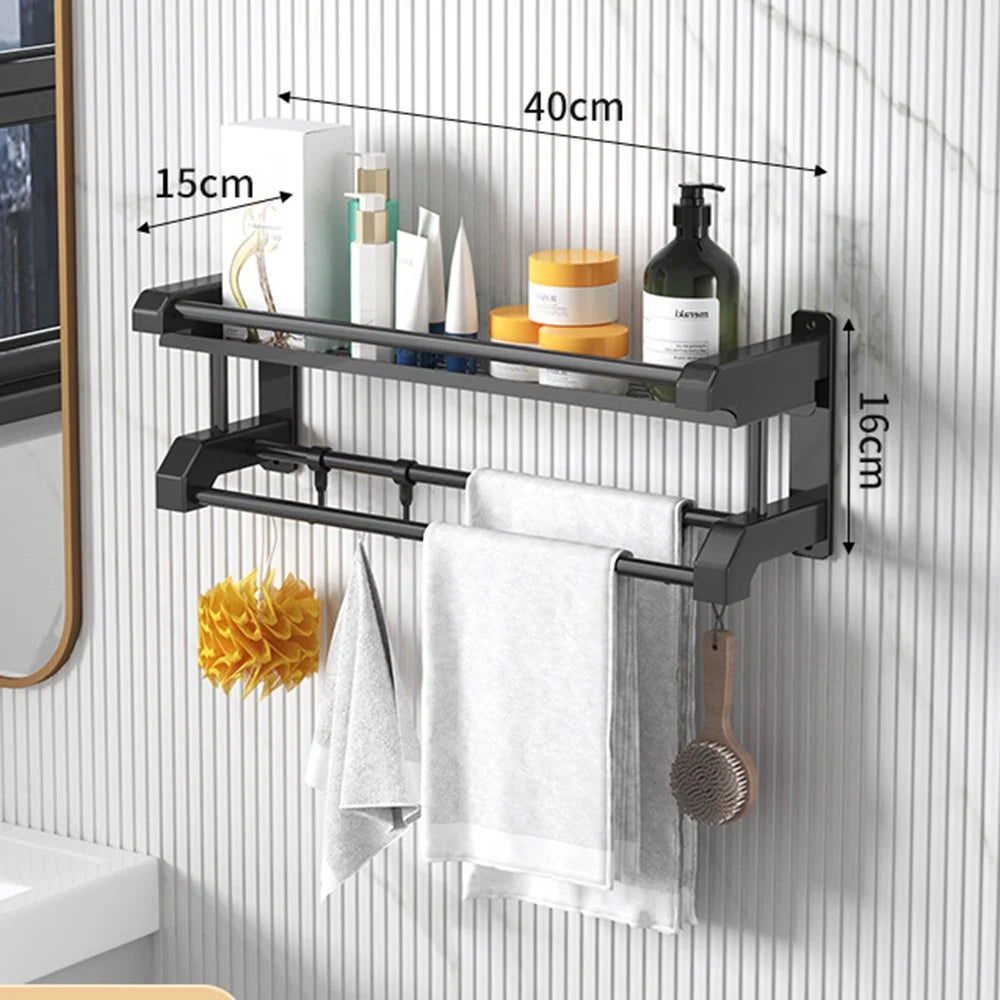 Single Layer 40cm Bathroom Towel Rack Organizer Stainless Steel Wall Mounted Storage Shelf with 6 Hooks - Black - 4