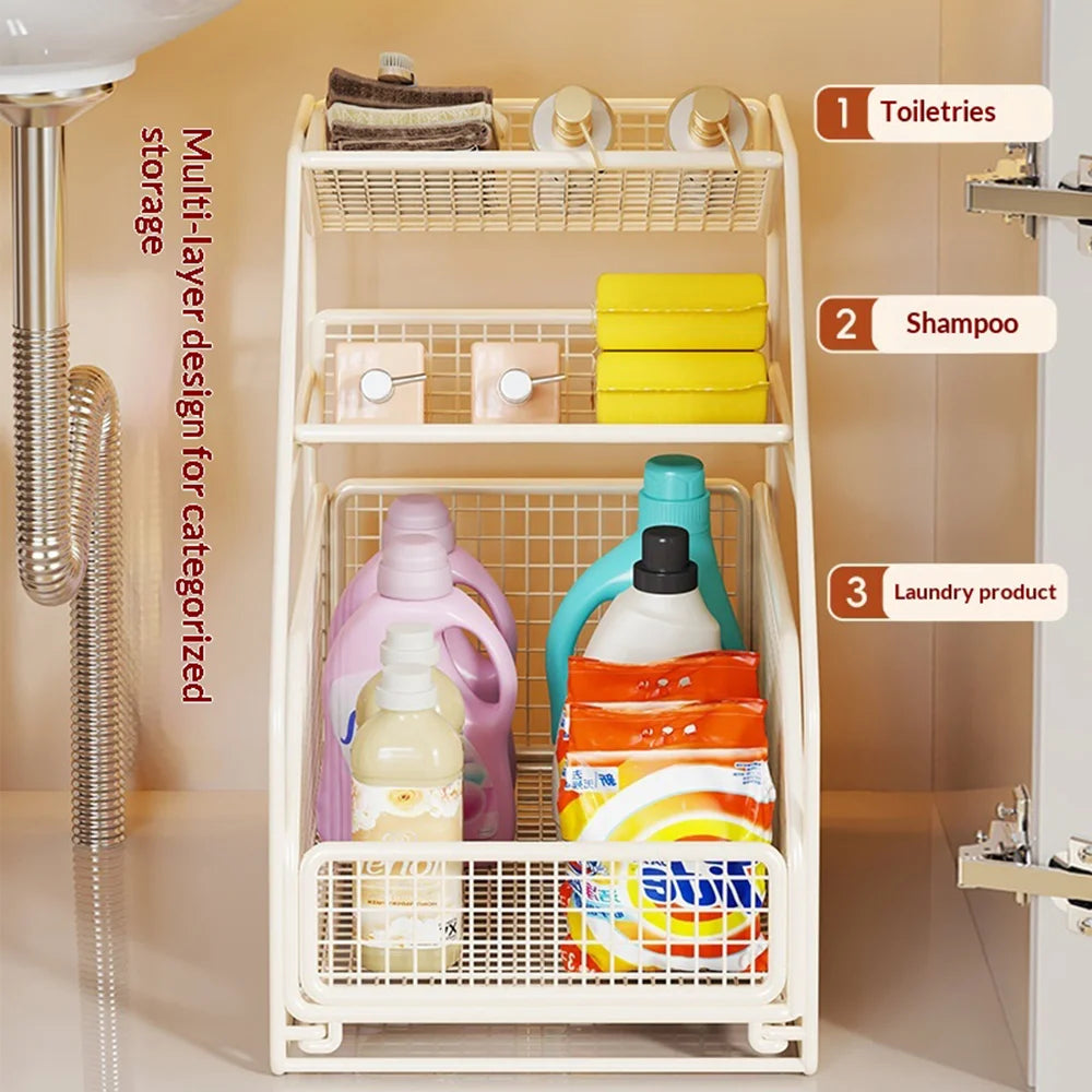 Large Size Under Sink Storage Rack 3-Tier Iron Pull Out Cabinet Drawer Basket for Bathroom Kitchen - White - 2
