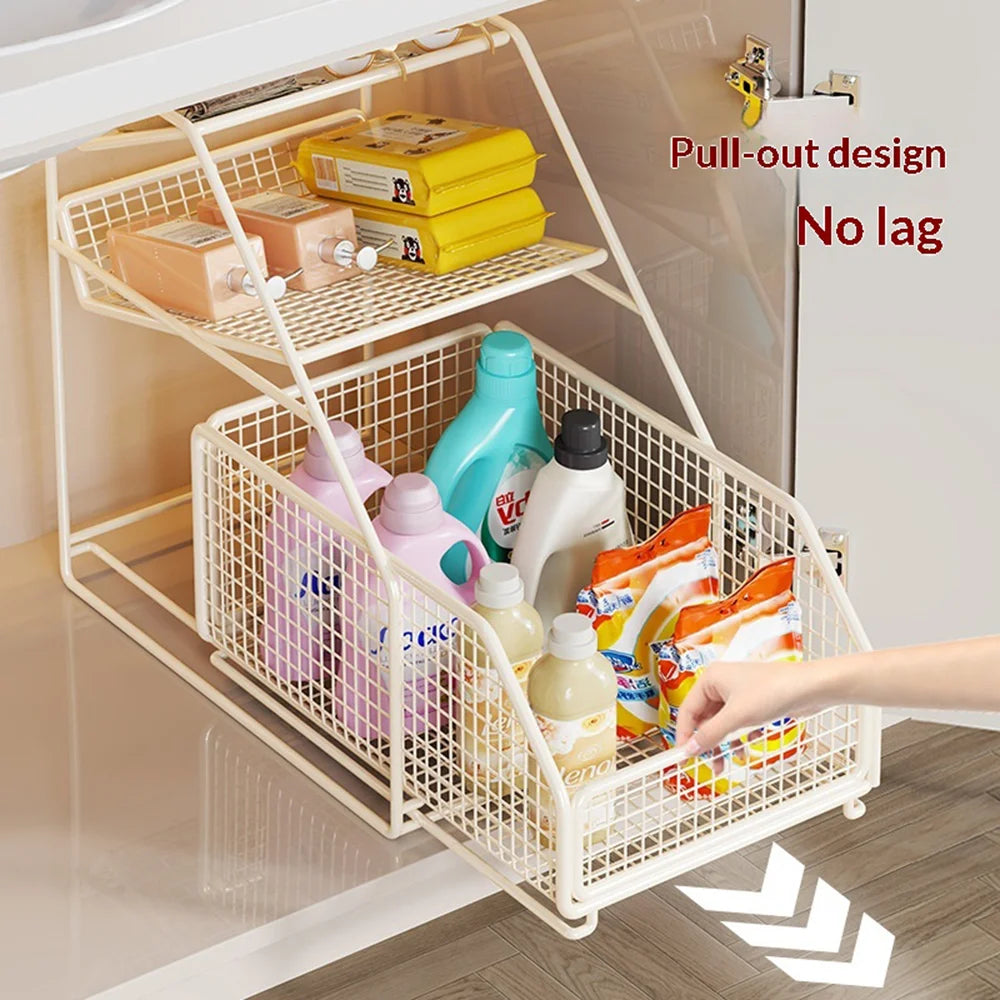 Large Size Under Sink Storage Rack 3-Tier Iron Pull Out Cabinet Drawer Basket for Bathroom Kitchen - White - 3