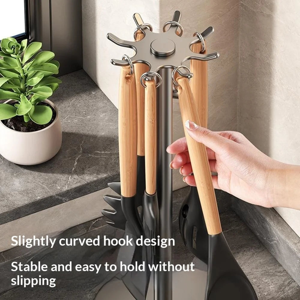360 Degree Rotating Kitchen Utensil Holder Rack 8-Hook Carbon Steel Organizer Stand for Countertop Storage - Grey Black - 5