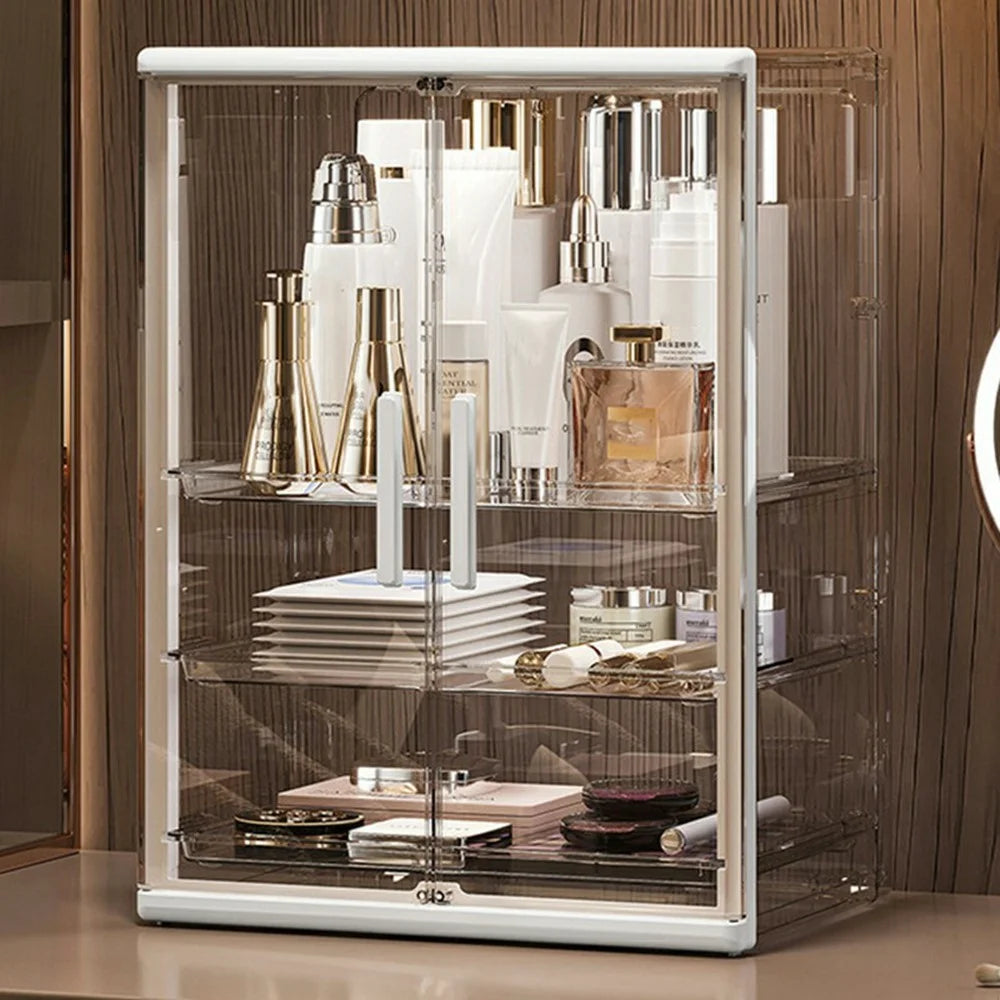 Clear Acrylic Makeup Organizer 3-Tier Dual-Door Dustproof Vanity Storage Box for Skincare Cosmetics - Transparent - 1