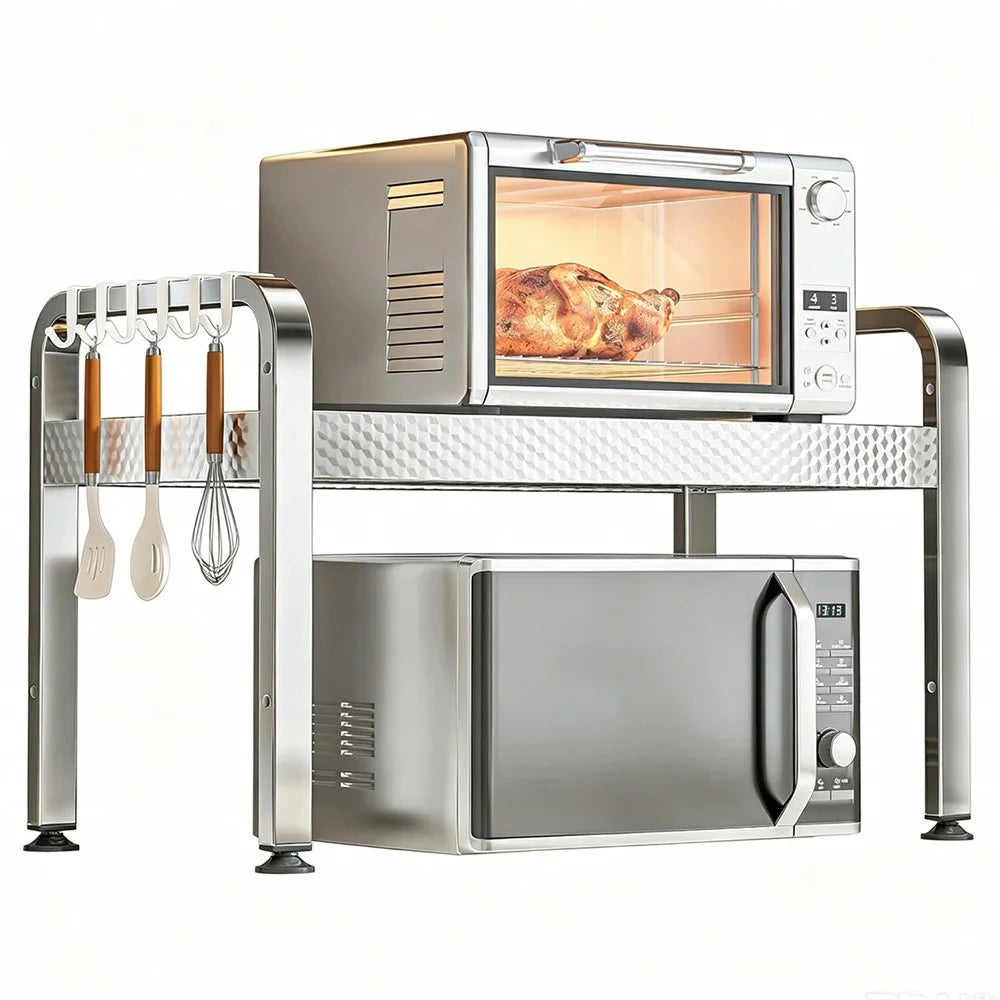 2-Layer Stainless Steel Kitchen Microwave Oven Rack Printed Panel Kitchen Counter Storage Microwave Stand with Hooks - 1