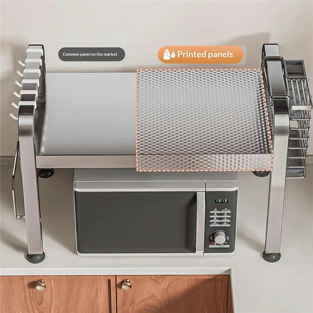 2-Layer Stainless Steel Kitchen Microwave Oven Rack Printed Panel Kitchen Counter Storage Microwave Stand with Hooks - 2