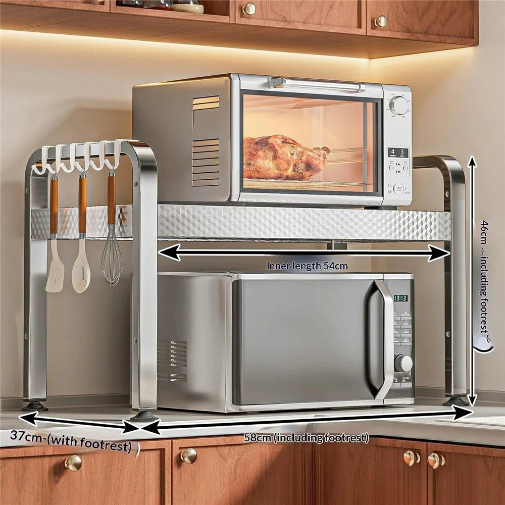2-Layer Stainless Steel Kitchen Microwave Oven Rack Printed Panel Kitchen Counter Storage Microwave Stand with Hooks - 6