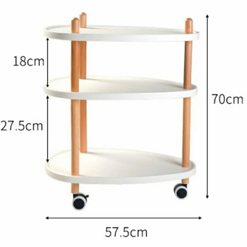 3-Tier Oval Style Side Table Mobile Storage Cart Rolling Utility Cart Wood Frame ABS Tray Lockable Wheels Storage Rack for Kitchen Bedroom - 6