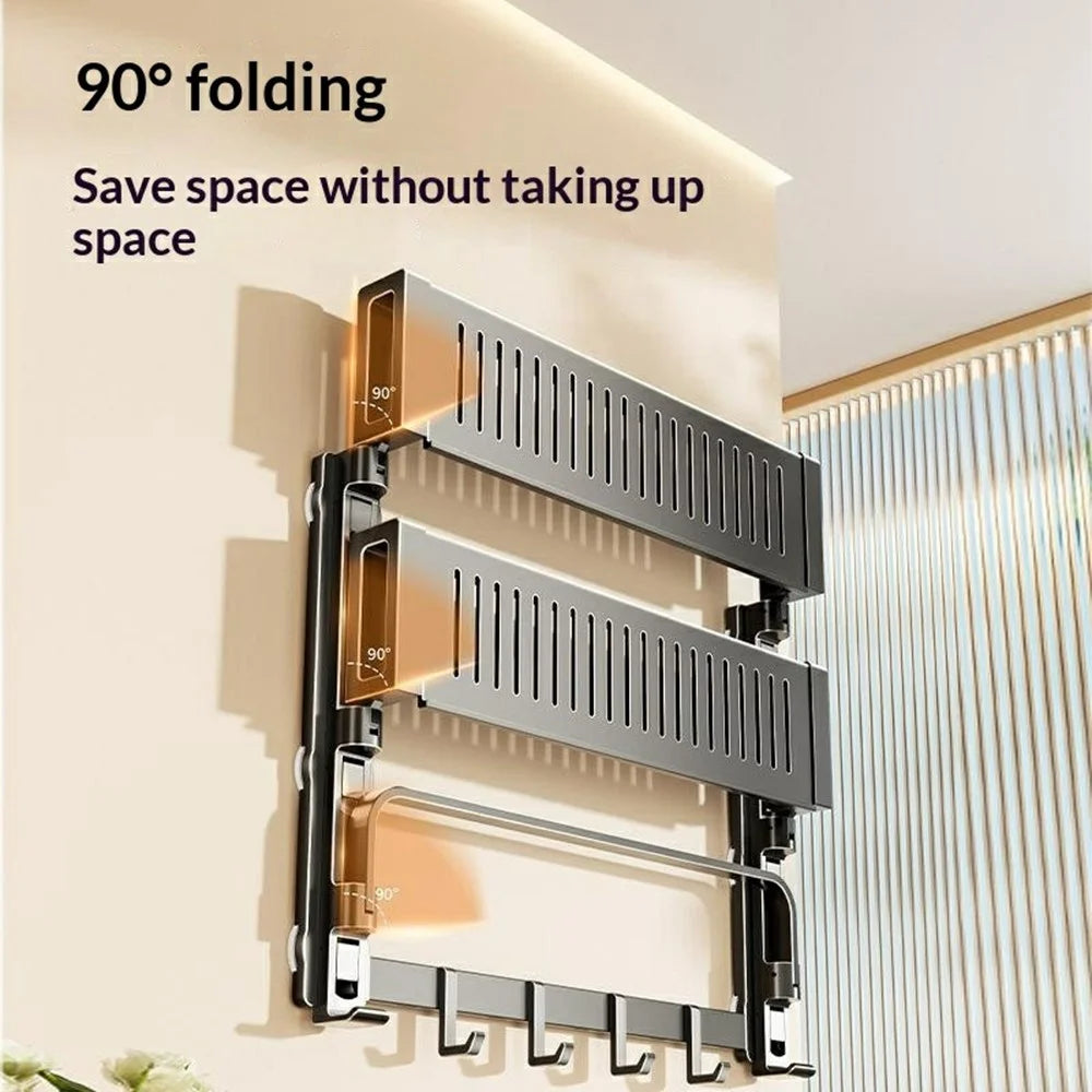 32x17x22cm 2-Tier Suction Cup Bathroom Shelf Foldable Wall Mount Storage Rack with Carbon Steel Towel Bar for Toilet Shower - Gunmetal Grey - 2