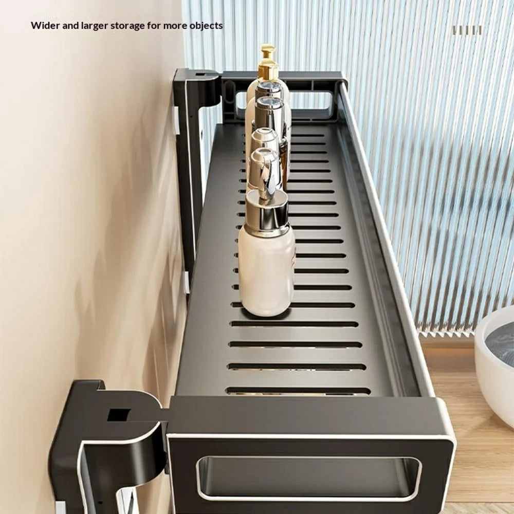 32x17x22cm 2-Tier Suction Cup Bathroom Shelf Foldable Wall Mount Storage Rack with Carbon Steel Towel Bar for Toilet Shower - Gunmetal Grey - 3