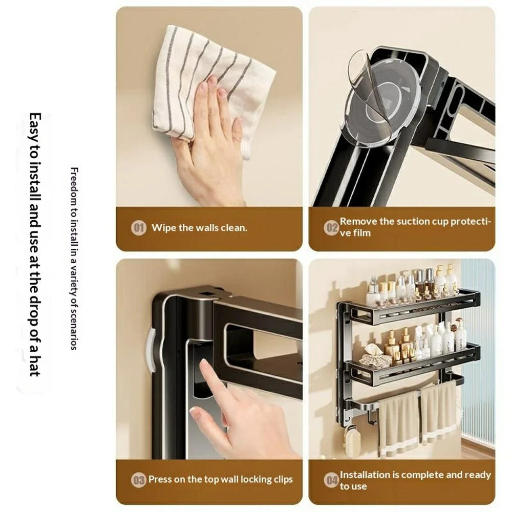 32x17x22cm 2-Tier Suction Cup Bathroom Shelf Foldable Wall Mount Storage Rack with Carbon Steel Towel Bar for Toilet Shower - Gunmetal Grey - 6