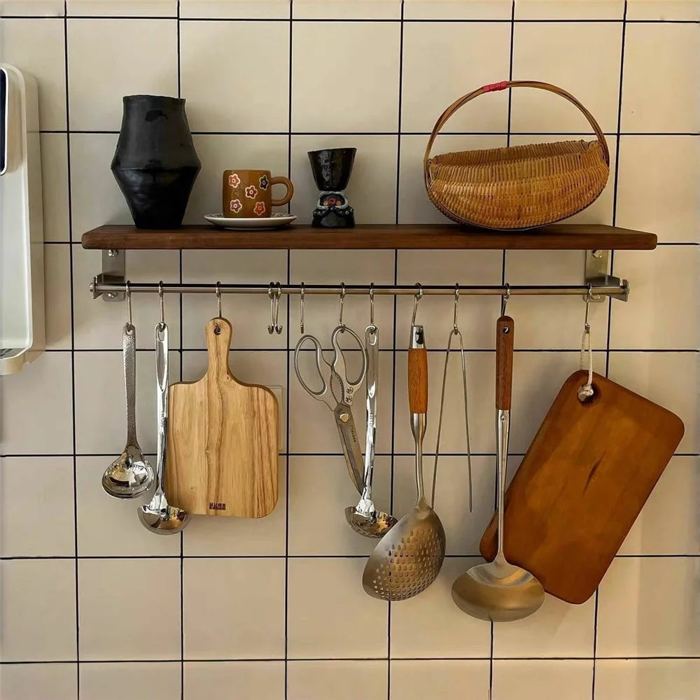 15x60x4cm Kitchen Wall-Mounted Storage Rack with 10Pcs Hooks & Stainless Steel Bar No Drill Storage Organizer Wood Shelf - Walnut Wood Grain - 2