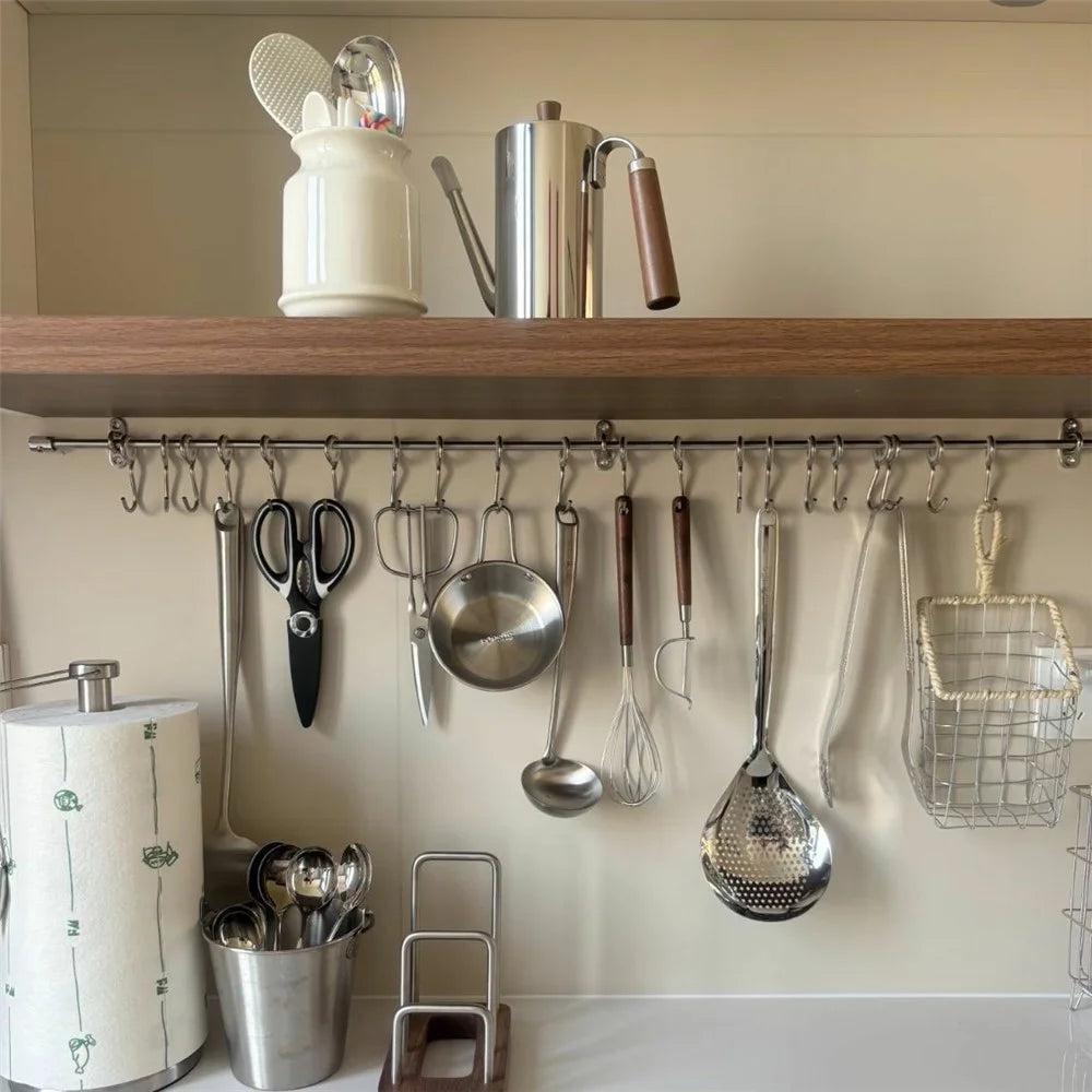 15x60x4cm Kitchen Wall-Mounted Storage Rack with 10Pcs Hooks & Stainless Steel Bar No Drill Storage Organizer Wood Shelf - Walnut Wood Grain - 3