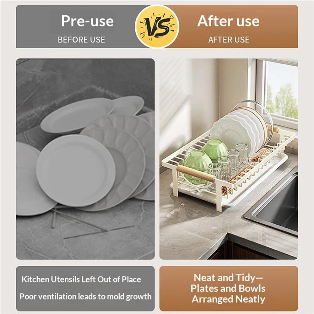 Kitchen Dish Drying Rack Pull-out Drip Tray Carbon Steel Frame Wooden Handle for Bowls Plates Storage - White - 3
