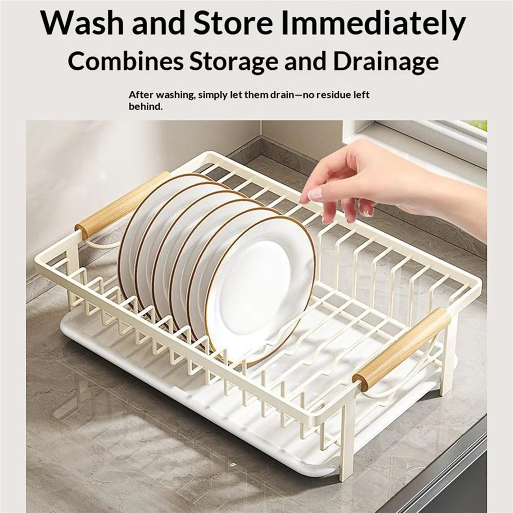 Kitchen Dish Drying Rack Pull-out Drip Tray Carbon Steel Frame Wooden Handle for Bowls Plates Storage - White - 5
