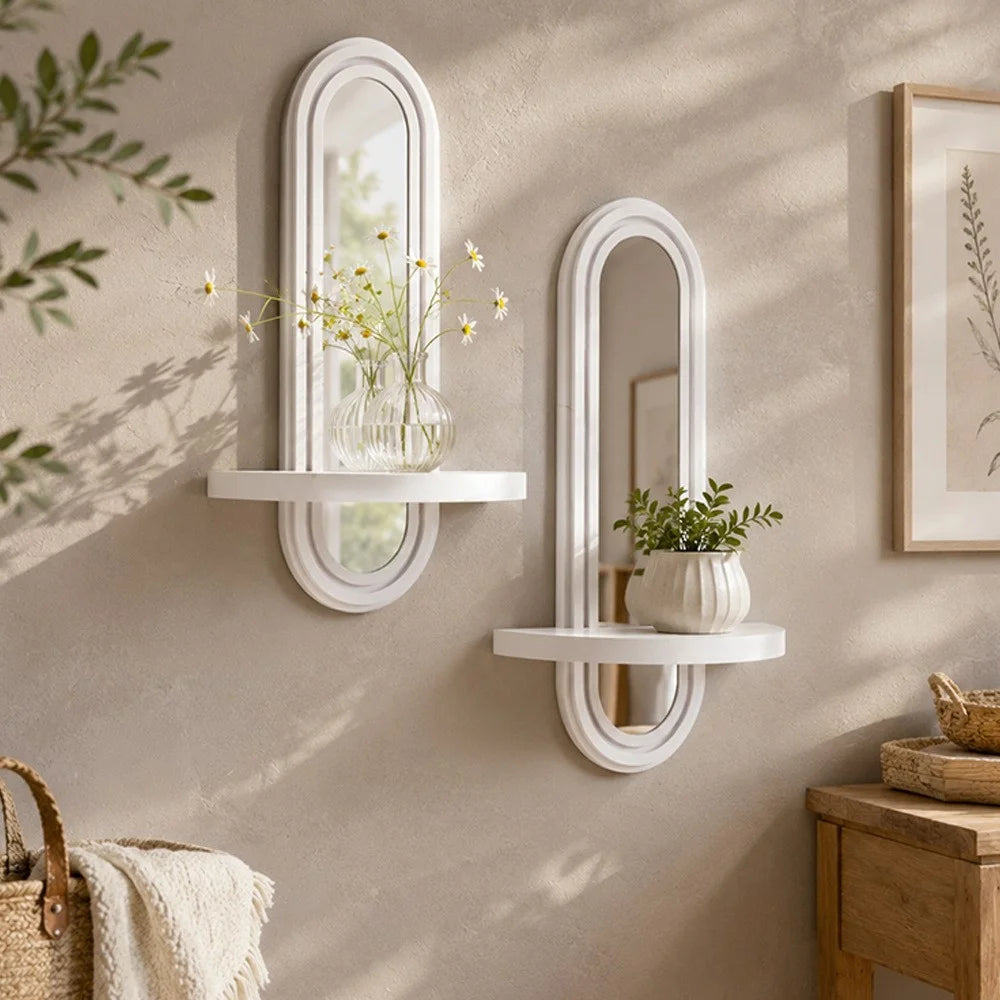 2 in 1 Bohemian Oval Wall Mounted Mirror with Wooden Storage Shelf for Bedroom Bathroom - White - 4