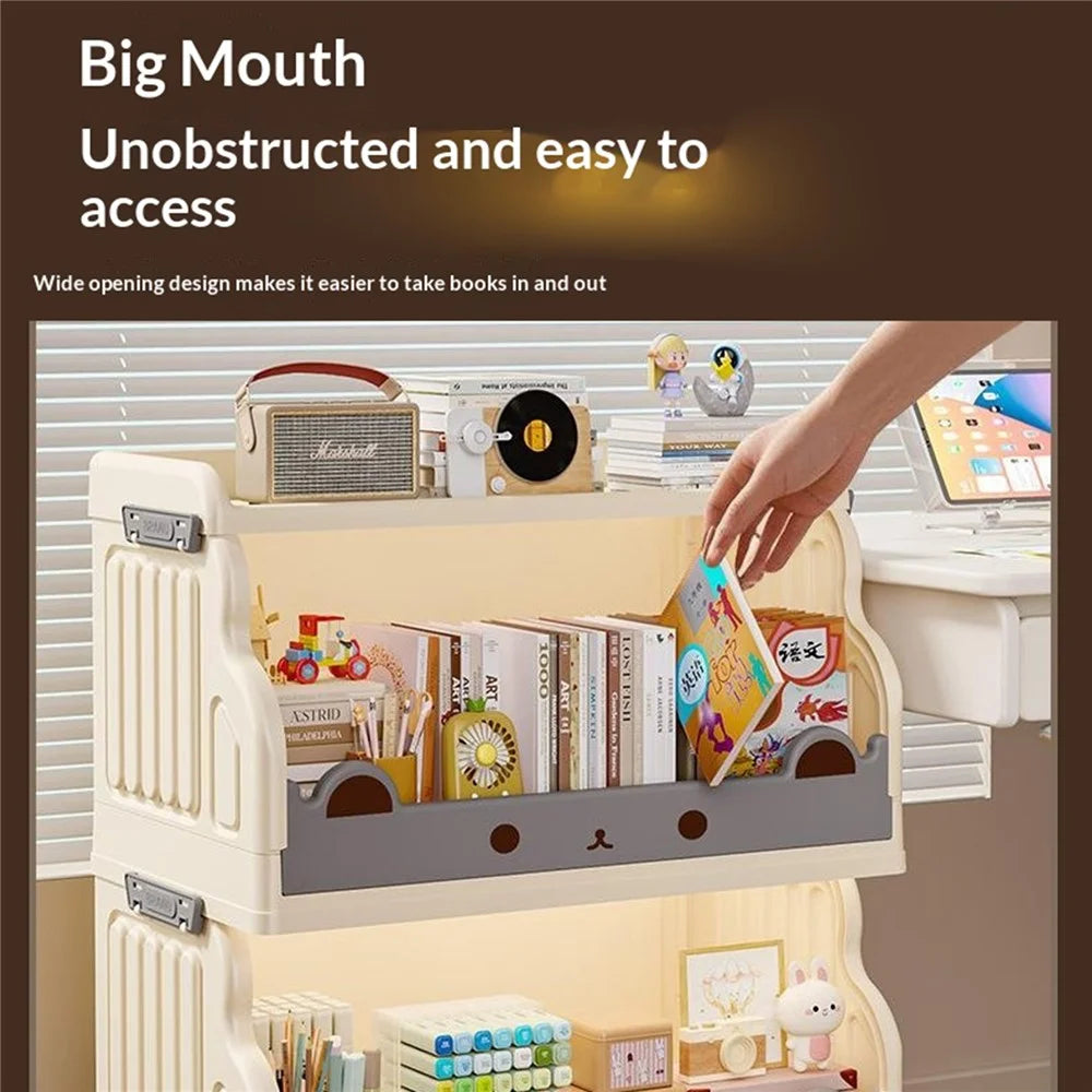 Size L 2 Layers Foldable Bookshelf Storage Rack with 360° Silent Swivel Wheels for Kids Books and Toys , 53 x 31.5 x 65cm - White - 3