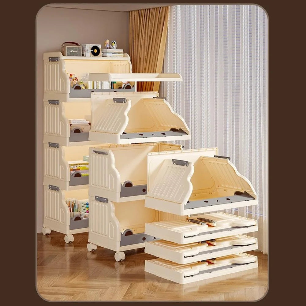 Size S 4 Layers Foldable Bookshelf Storage Rack with 360° Silent Swivel Wheels for Kids Books and Toys , 41.5 x 27 x 109cm - White - 3