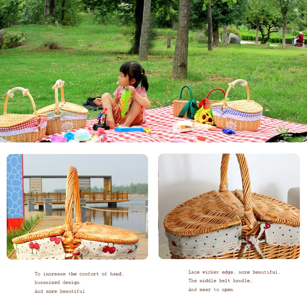 Hand-Woven Wicker Picnic Basket Lid Design Cotton+Linen Cloth Lining Blanket for Eggs, Candy, Flowers, Size: L - Red Grid - 3