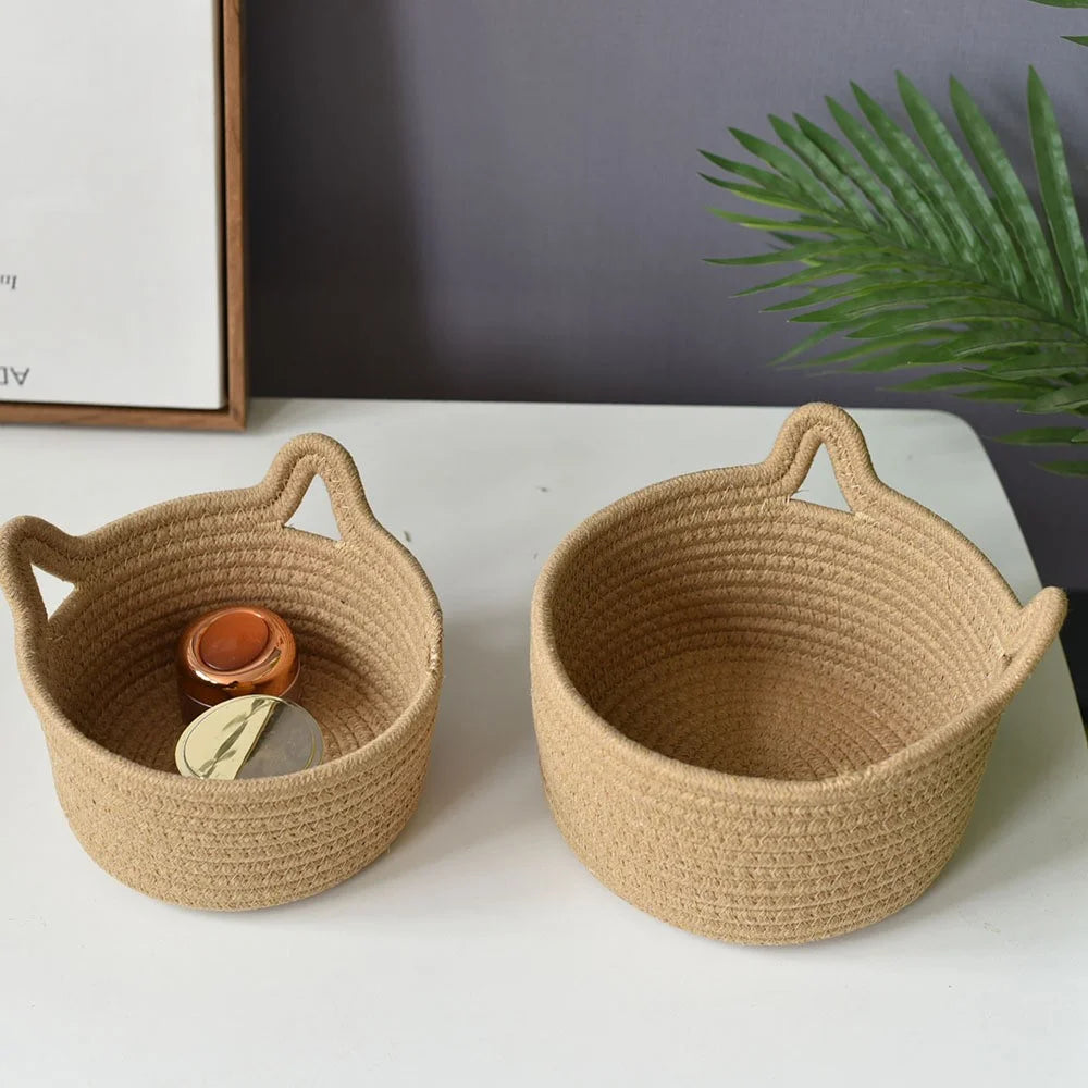 3Pcs / Set Cat Ears Design Cotton Rope Woven Storage Basket Round Desktop Sundries Organizer - Yellowish Brown - 2