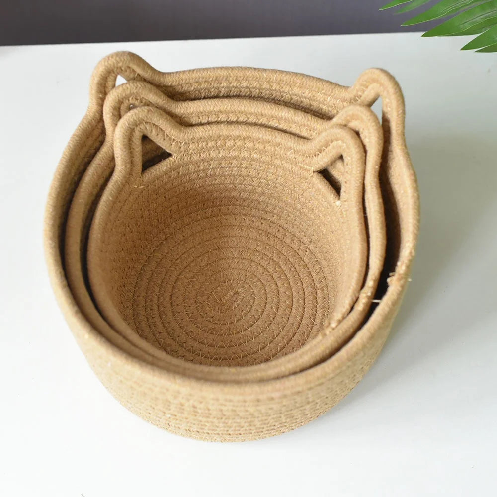 3Pcs / Set Cat Ears Design Cotton Rope Woven Storage Basket Round Desktop Sundries Organizer - Yellowish Brown - 4