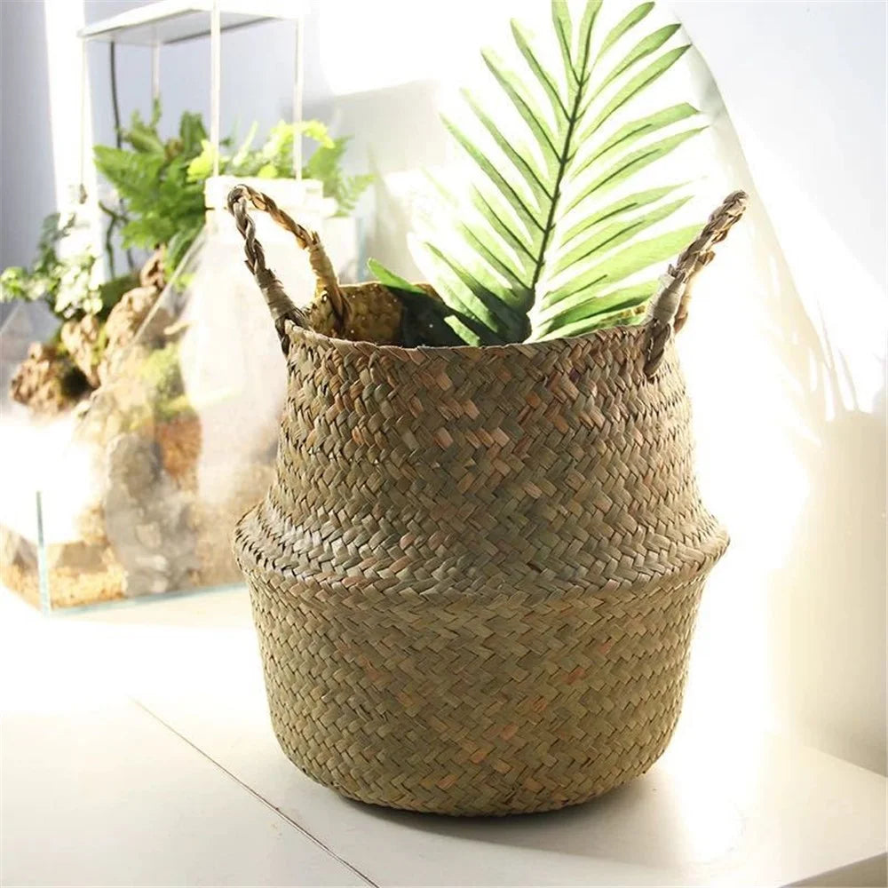 Woven Straw Basket Flowerpot Plant Handwoven Storage Bin Home Decoration Organizer Bag - Yellow - 3
