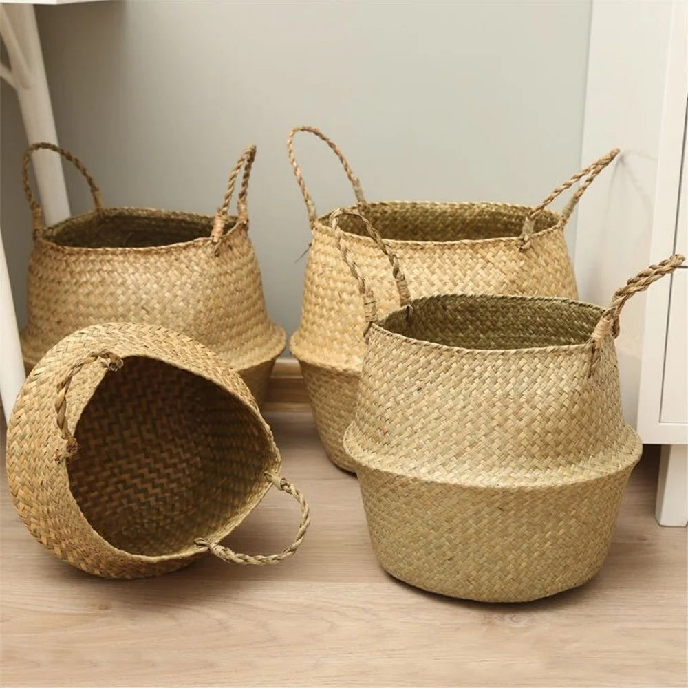 Woven Straw Basket Flowerpot Plant Handwoven Storage Bin Home Decoration Organizer Bag - Yellow - 4