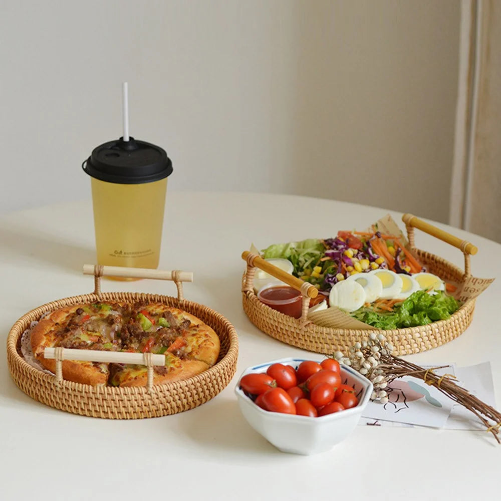 Bread Fruit Storage Basket Woven Rattan Round Tray with Handle L (No FDA) - 6
