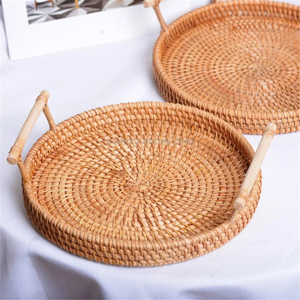 Bread Fruit Storage Basket Woven Rattan Round Tray with Handle L (No FDA) - 7