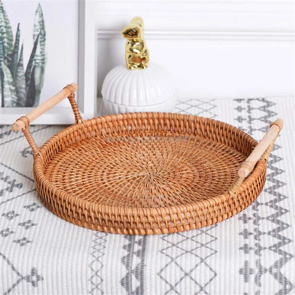 Woven Rattan Basket Bread Fruit Round Storage Tray with Handle M (No FDA) - 2