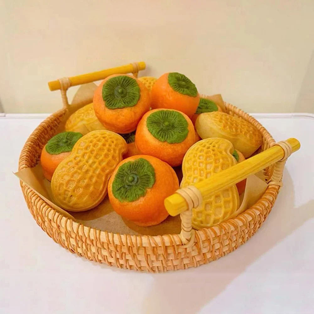 Woven Rattan Basket Bread Fruit Round Storage Tray with Handle M (No FDA) - 3