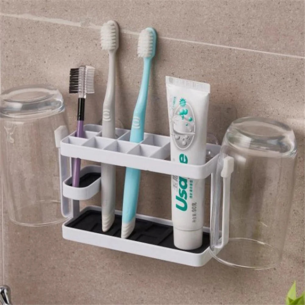 Toothbrush Holder Metal+Silicone Wall-Mounted Toothpaste Cup Hanger for Bathroom - White - 2