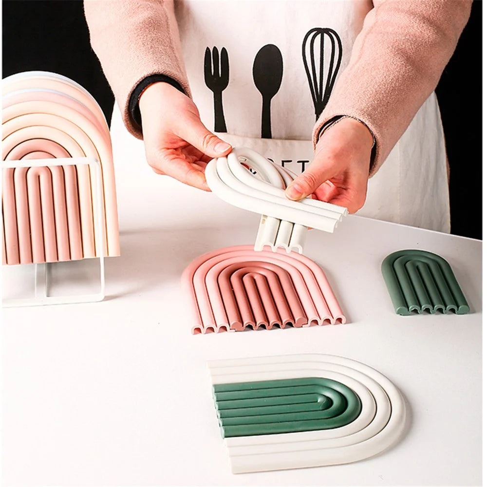 Rainbow Shape High Temperature Resistant Coaster Dining Table Mat Insulation Pad - Grey+Green - 6