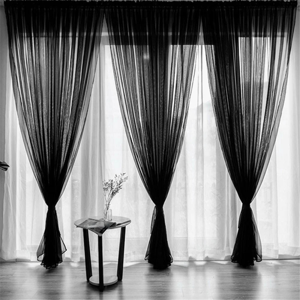 1x2.7m Polyester Sheer Curtain Solid Color Curtains for Bedroom, Living Room - Black - 2