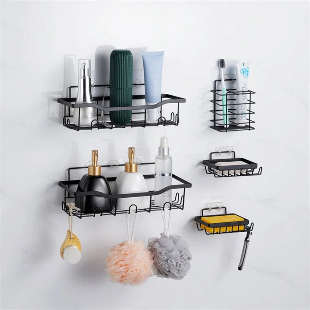 6Pcs / Set 6-Hook Style Punch-Free Carbon Steel Storage Basket Bathroom Draining Organization Rack - 5