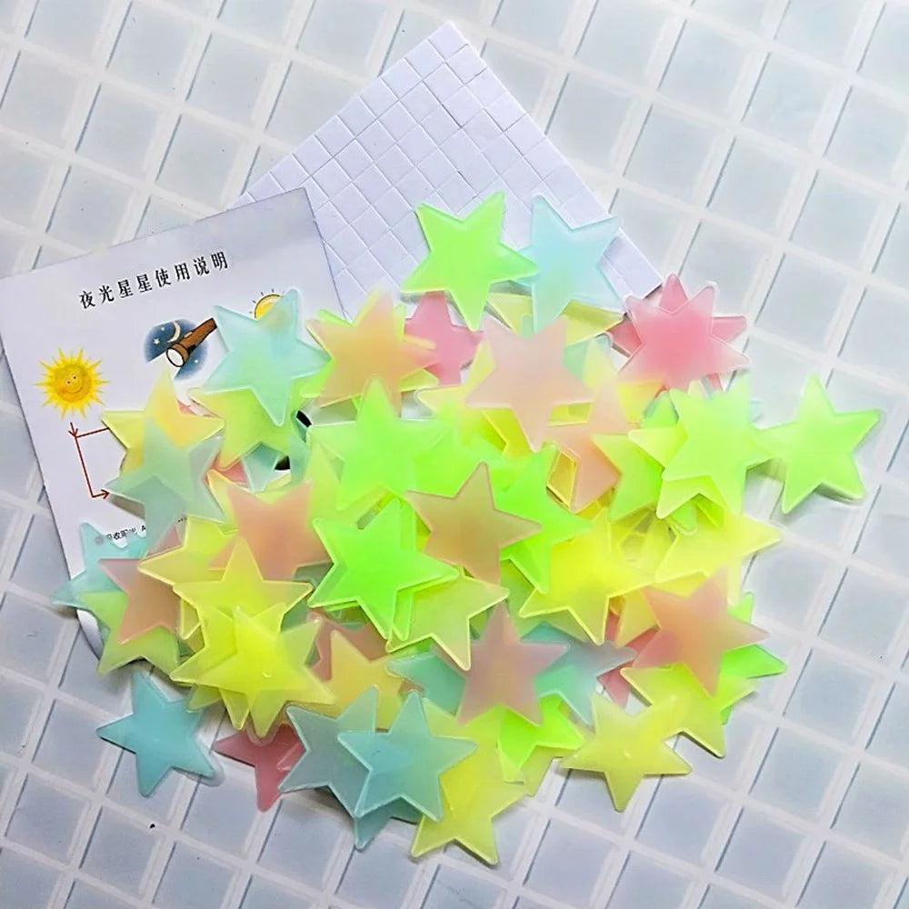 100Pcs 3cm 3D Plastic Stars Luminous Wall Decals Bedroom Party Classroom Self Adhesive Fluorescent Decor - Mix Color - 2