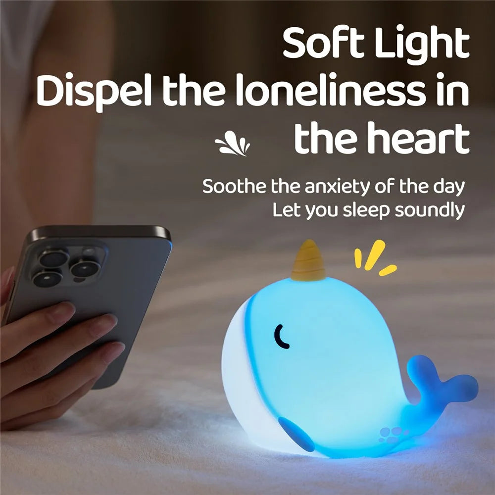 A044 Narwhal Silicone Night Light Tap Control Stress Relief Bedside Lamp Gift Desktop Decor - Blue - 3