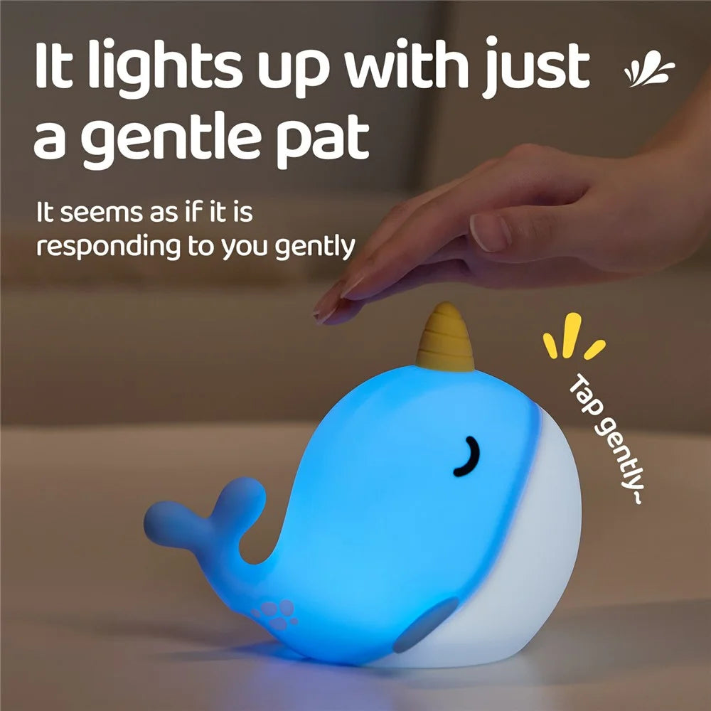 A044 Narwhal Silicone Night Light Tap Control Stress Relief Bedside Lamp Gift Desktop Decor - Blue - 4