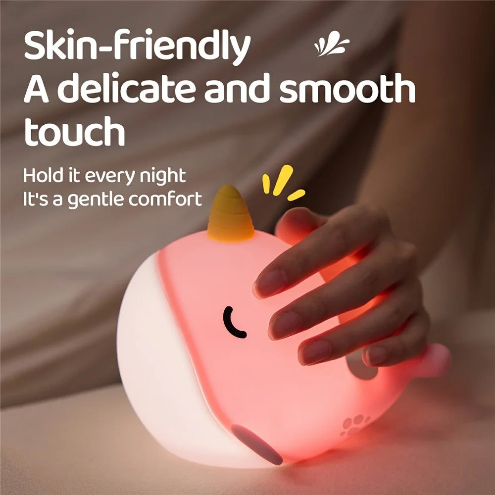 A044 Narwhal Silicone Night Light Tap Control Stress Relief Bedside Lamp Gift Desktop Decor - Blue - 6